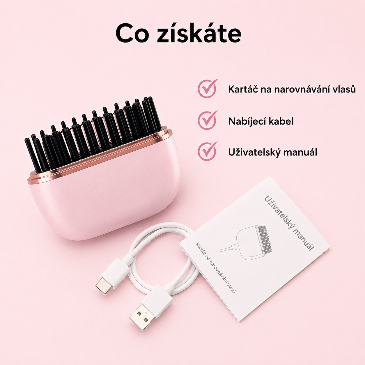 Obsah balení GlowBrush s USB-C kabelem a manuálem